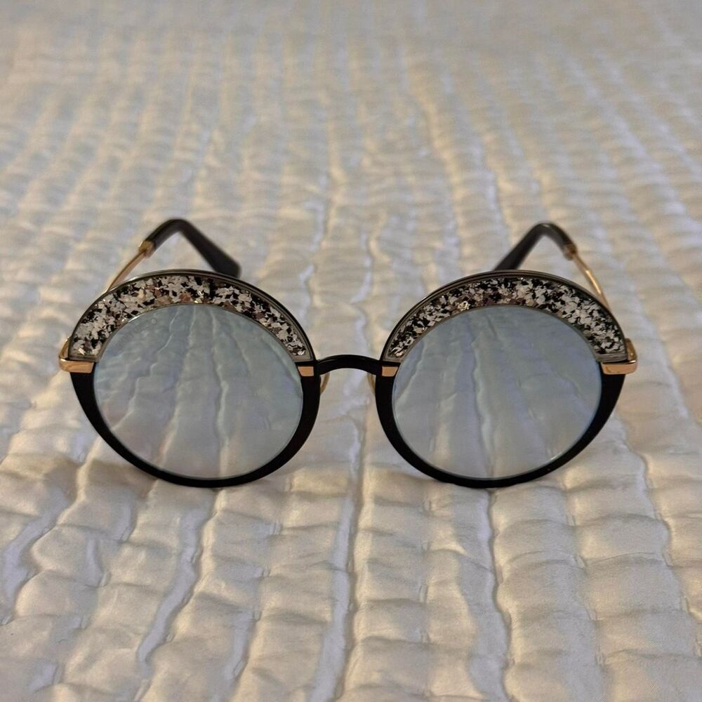NWOT Jimmy Choo Gotha Round Reflective Glitter Sunglasses in Black, Silver, Blue